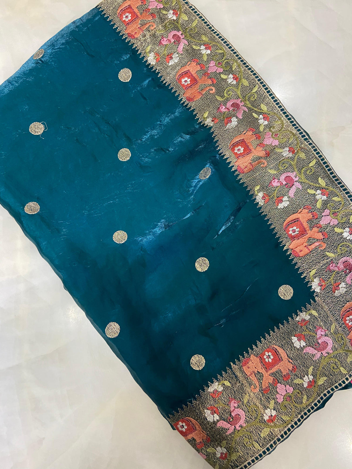 Pure Chinnon Saree (Peacock green)