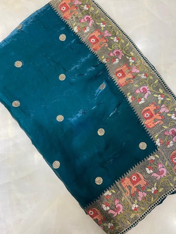 Pure Chinnon Saree (Peacock green)