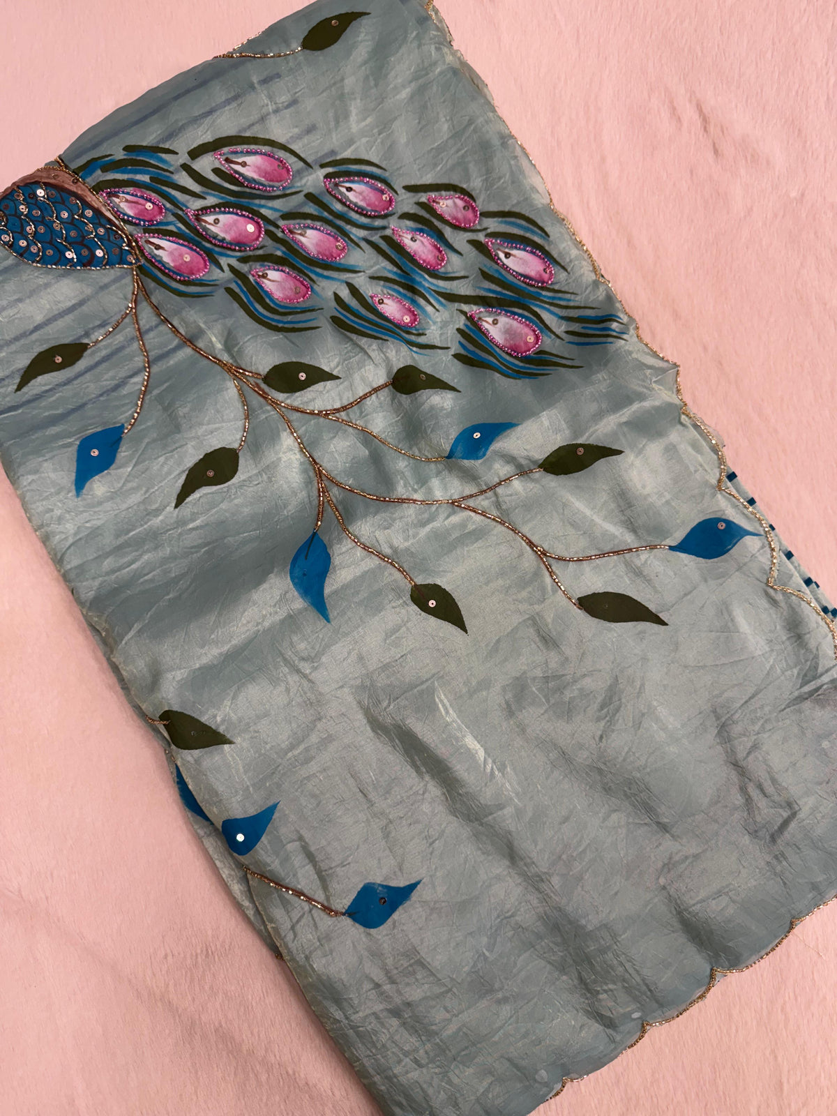 Premium crush organza saree (Bluish Green)