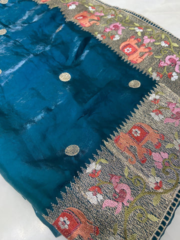 Pure Chinnon Saree (Peacock green)