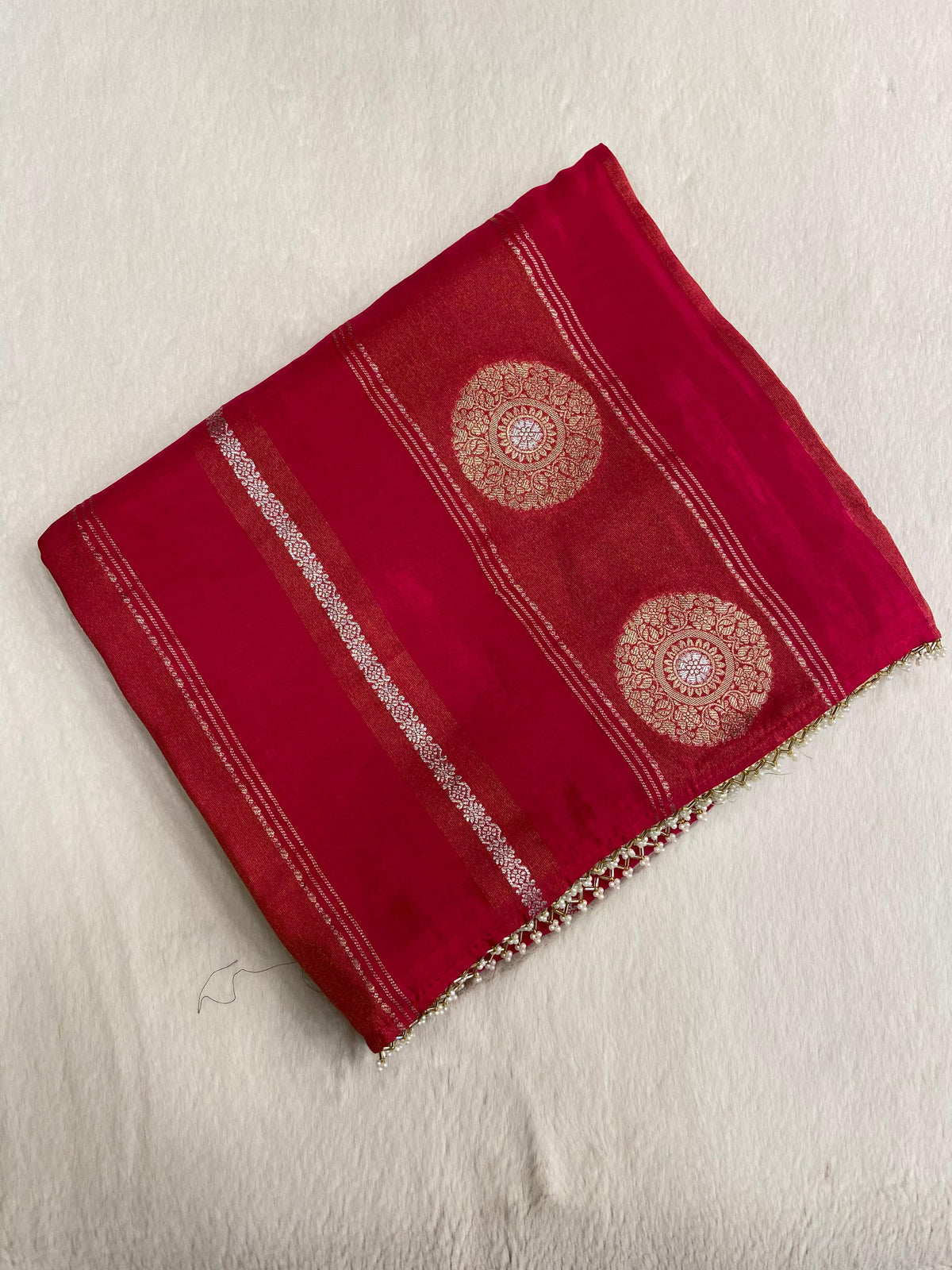 Pure Chinnon Saree With Cutdana work (Reddish Pink)