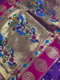 Premium quality semi Paithani silk saree - Winish purple with reddish pink border