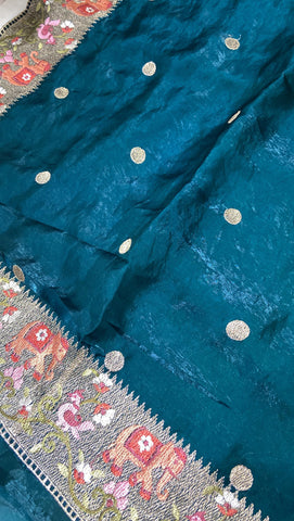 Pure Chinnon Saree (Peacock green)