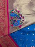 Premium quality semi Paithani silk saree - Blue with reddish pink border