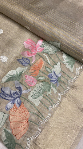 Premium gold tissue organza saree with thread embroidery