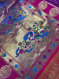 Premium quality semi Paithani silk saree - Peacock blue with reddish pink border