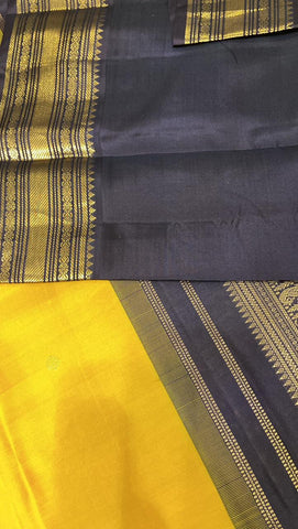 Pure Zari handloom Kanjeevaram silk mark certified saree (Mustardy yellow X Dark coffee brown)