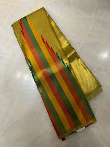 Semi Kanchipuram silk saree with multicoloured temple border