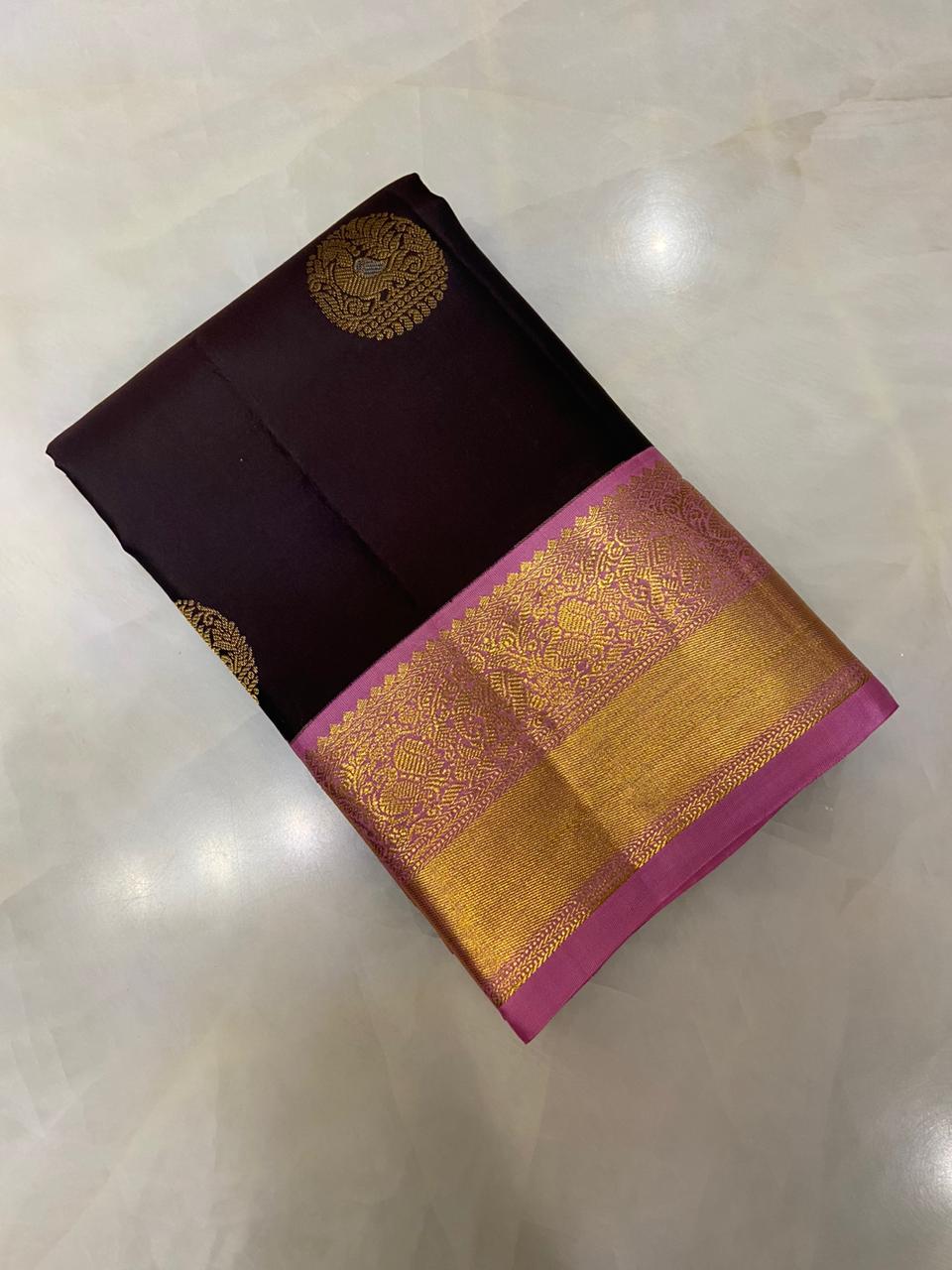 Pure Zari handloom Kanjeevaram silk mark certified saree (Dark coffee brown)