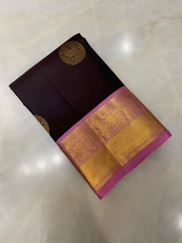 Pure Zari handloom Kanjeevaram silk mark certified saree (Dark coffee brown)