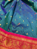 Premium quality semi Paithani silk saree - Peacock blue with reddish pink border