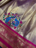 Premium quality semi Paithani silk saree - Peacock blue with reddish pink border