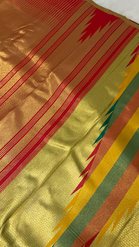 Semi Kanchipuram silk saree with multicoloured temple border